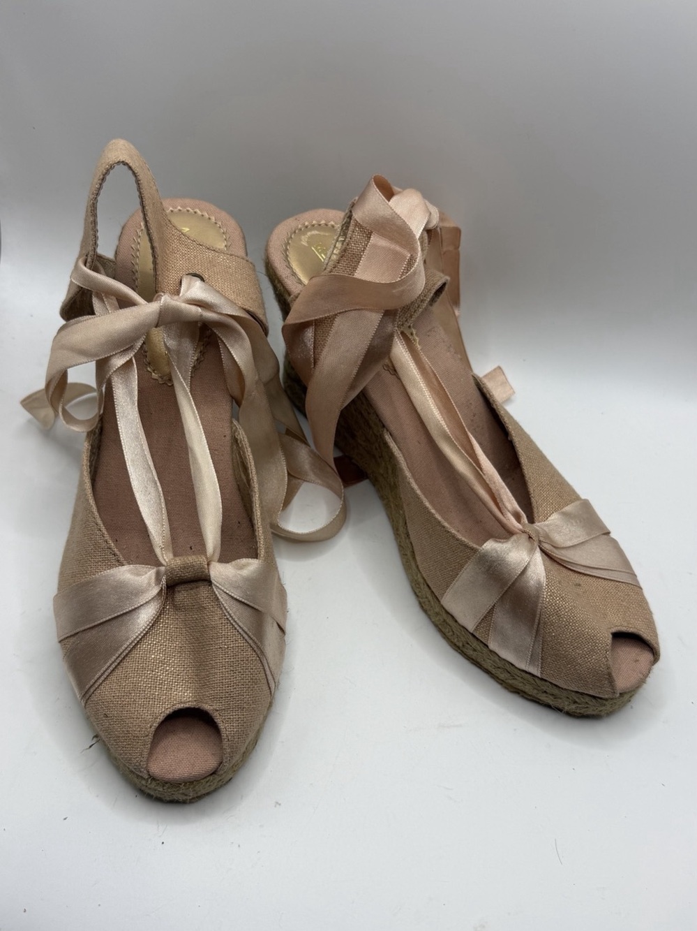 Montego Bay Club Pink Espadrilles Wedge Peep Toe Sandals with Ribbon